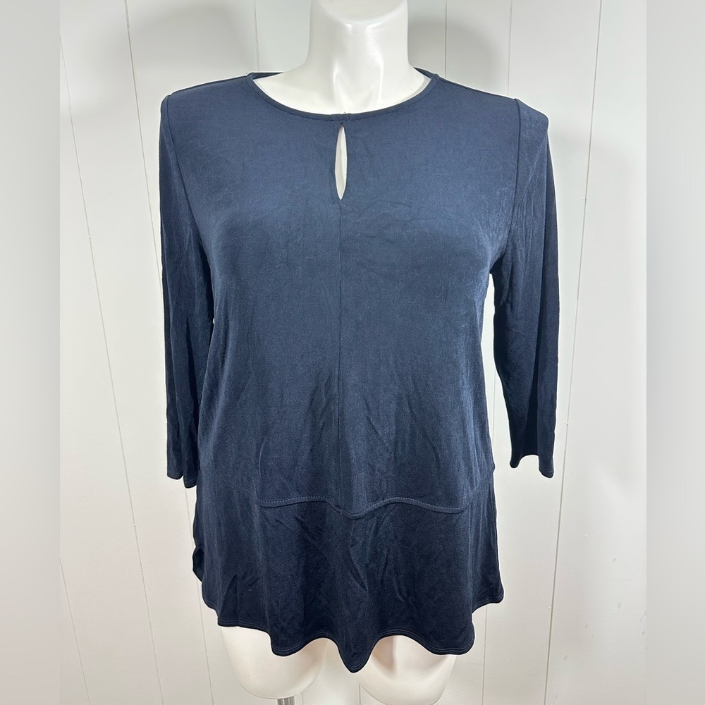 Chicos Travelers Top Womens Sz 2(12/14) Dark Navy/black 3/4 Sleeve Pullover Knit